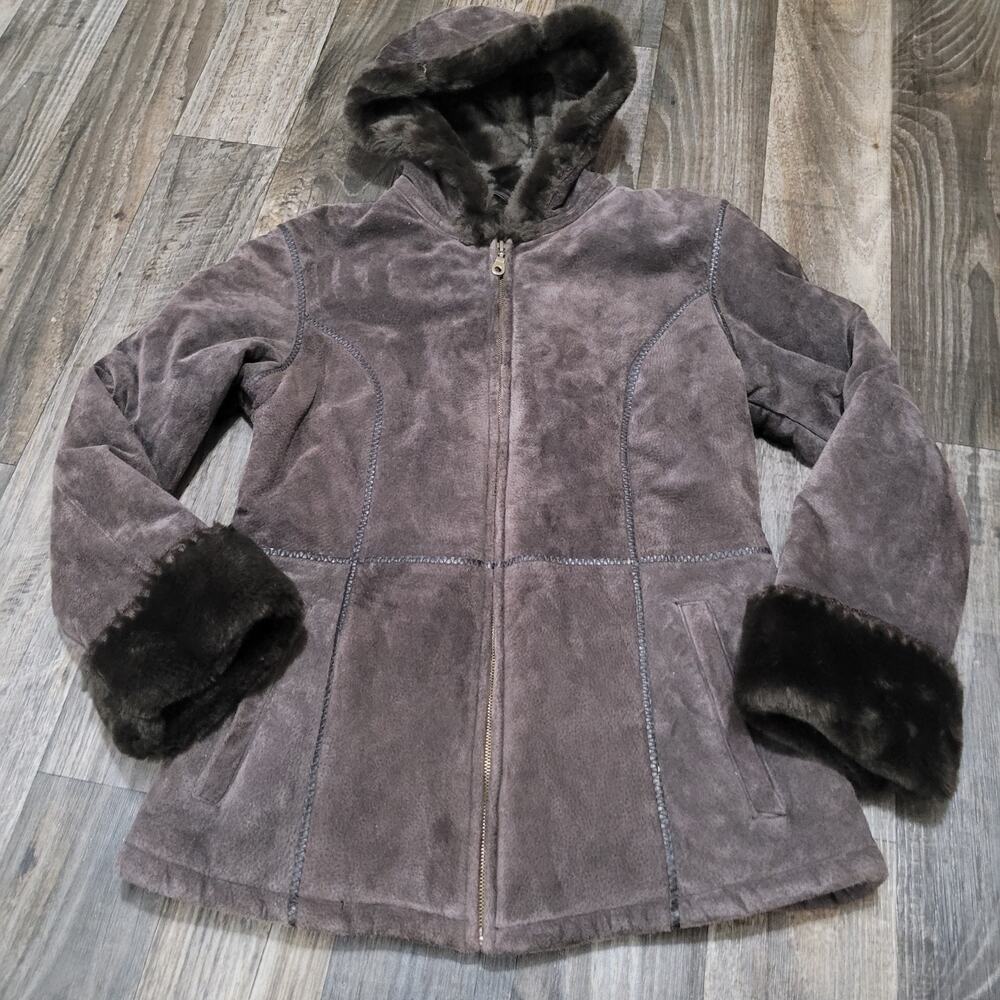 Wilson's Leather Suede Fur Trim Jacket Small Brown Hooded Leather Stitching Boho